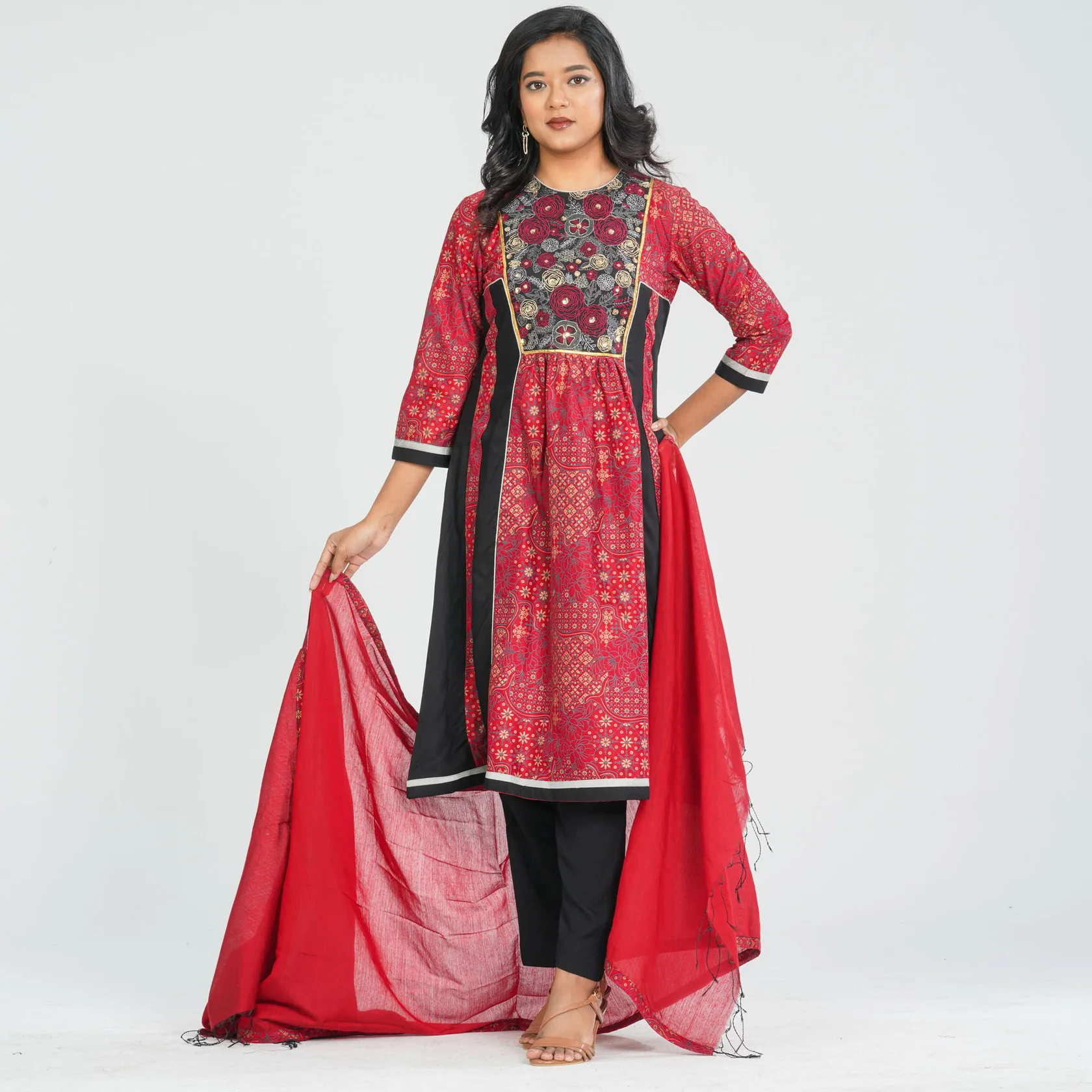 Women Red Cotton Three Piece Set